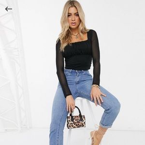 ASOS DESIGN square neck top with mesh sleeve